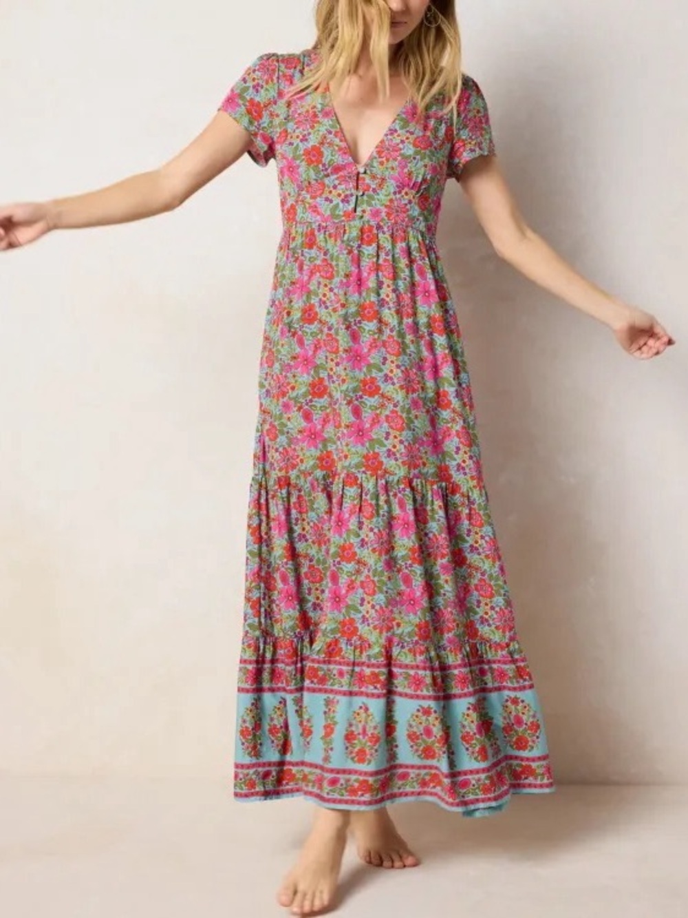 Natural Life Evangeline Floral V-Neck Maxi Dress in Pink and Aqua Small New